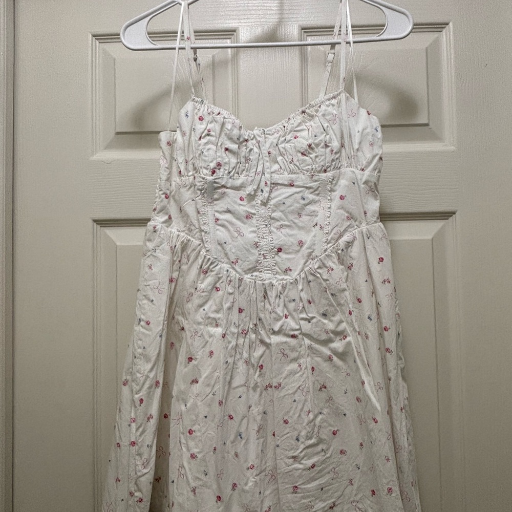 Altar'd State White Floral Spaghetti Strap Chemise with Pink Print